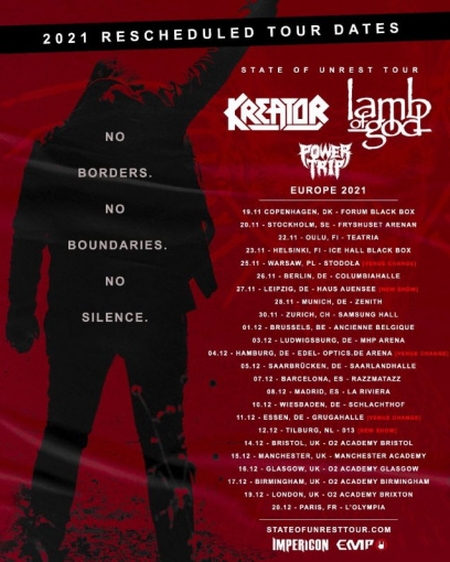LAMB OF GOD And KREATOR Announce Rescheduled Dates For 'State Of Unrest' European Tour